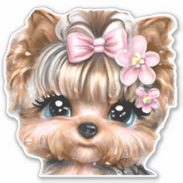 Pegatina Cute Yorkie con un compadre rosado