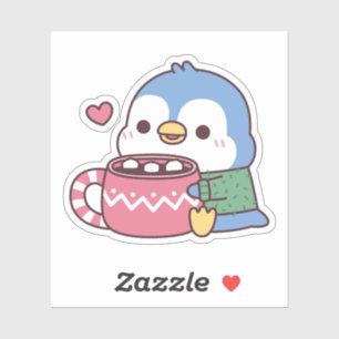 Pegatina Cuto Azul Pingüino Ama El Cacao Caliente Con Marsh