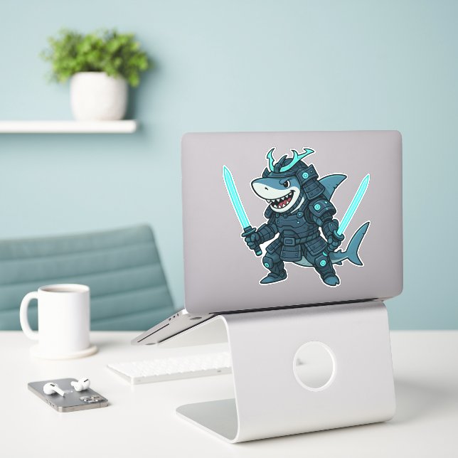 Pegatina Cyber Shark in Armor with Dual Swords Sticker (Ordenado portátil  en el escritorio)