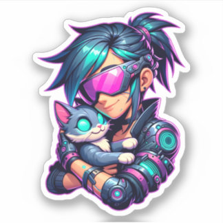 Pegatina Cyberpunk Chica y gato