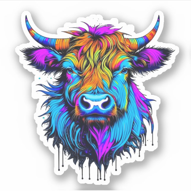 Pegatina Cyberpunk Colorful Ai Highland Cow (Anverso)
