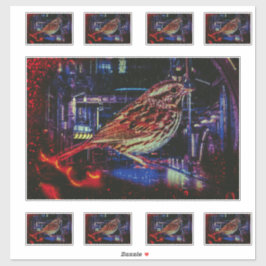Pegatina Cyberpunk Sparrow in Neon Cityscape