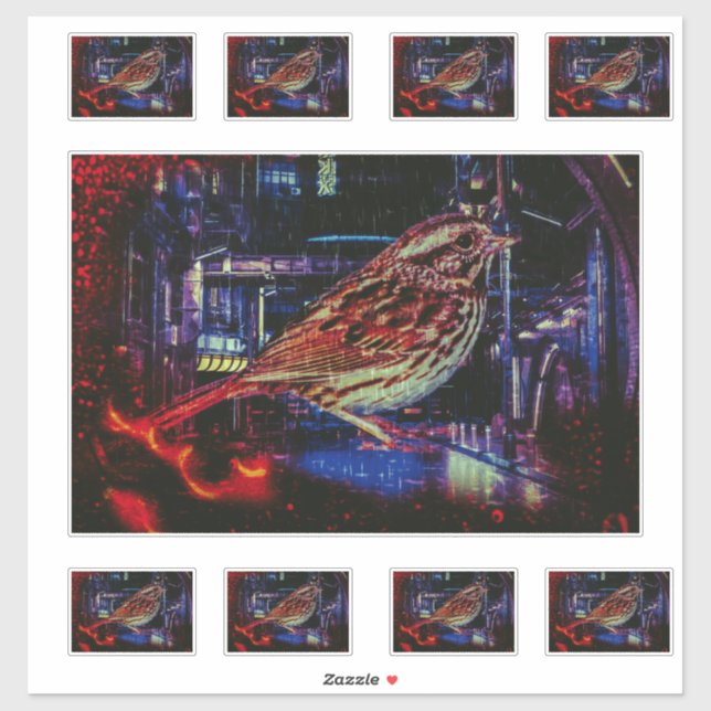 Pegatina Cyberpunk Sparrow in Neon Cityscape (Hoja)