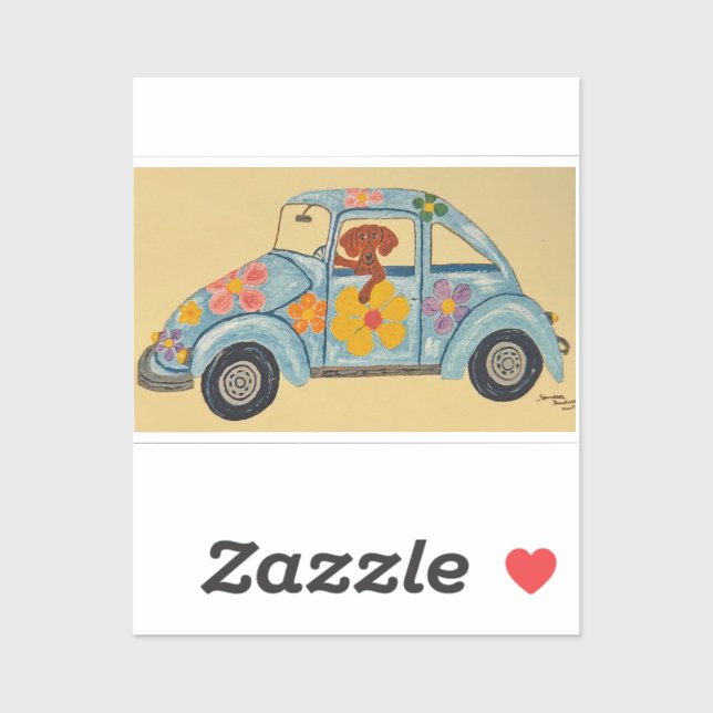 Pegatina Dachshund en coche hippie (Hoja)