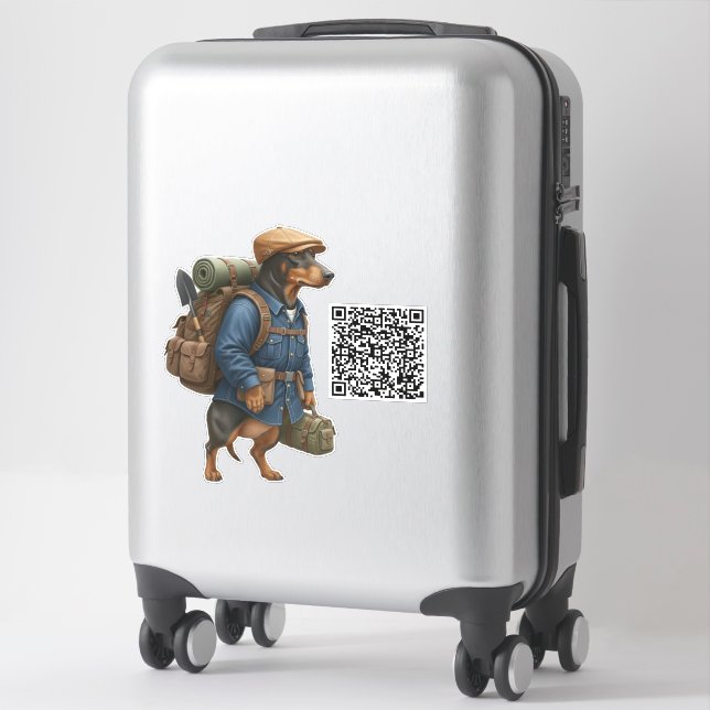 Pegatina Dachshund Hiker + Código QR (Maleta)