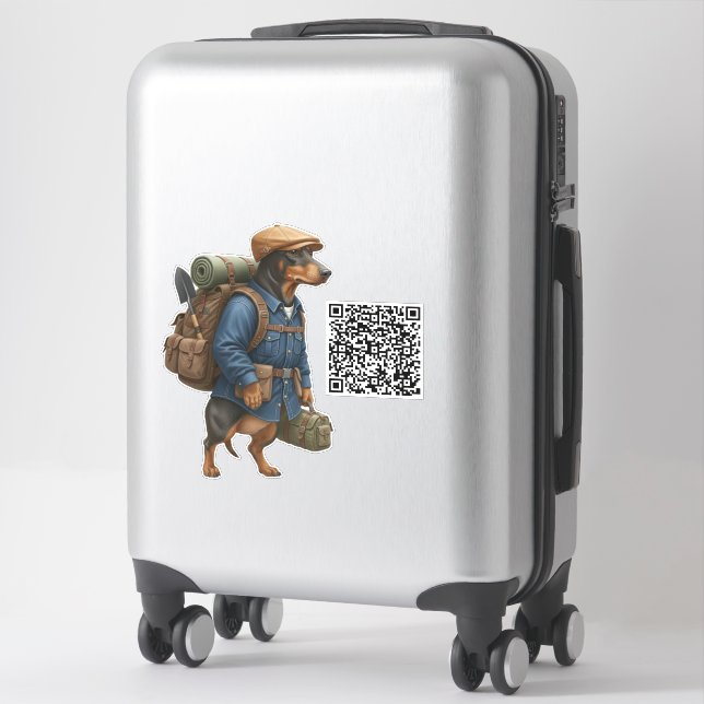 Pegatina Dachshund Hiker + QR Code (Maleta)
