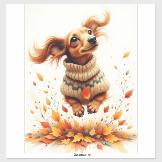 Pegatina Dachshund jugando en las hojas de otoño (Hoja)