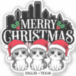 Pegatina Dallas City Texas Merry Christmas Cats USA<br><div class="desc">Dallas City Texas Merry Christmas Cats USA design. Para el amante del gato y el amante de Dallas City solía visitar allí, especialmente a los Navidades. Representado por Dallas City Skyline con gatos y texto "Feliz Navidad", "Dallas Texas". Dallas, una metrópolis moderna en el norte de Texas, es un centro...</div>