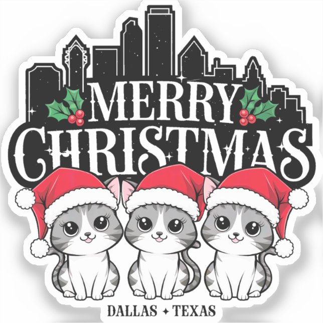 Pegatina Dallas City Texas Merry Christmas Cats USA (Anverso)
