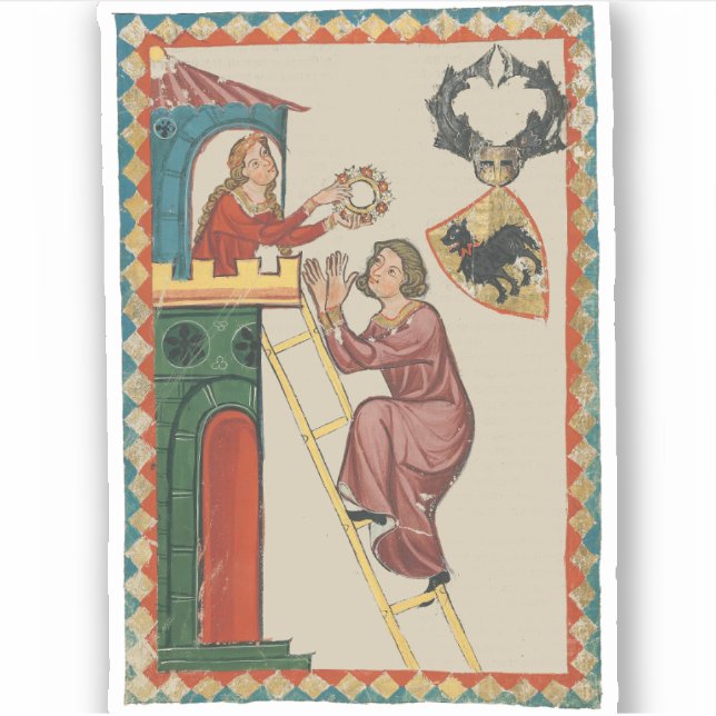 Pegatina Dama dando regalo a pretendiente, siglo XIV (Anverso)