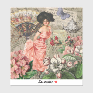 Pegatina Dama de Café Mujer Victoriana Rosa Vestido Rico