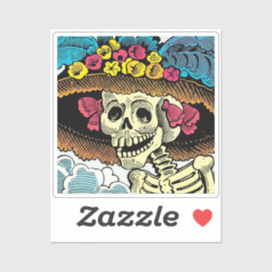 Pegatina Dama de la Calavera Azucarera con Sombrero Floral 