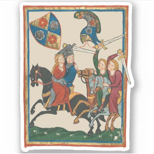 Pegatina Damsel en peligro, arte medieval del siglo XIV (Anverso)