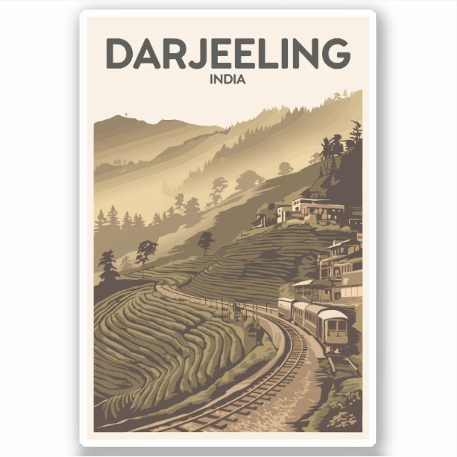 Pegatina Darjeeling India Ilustracion Viaje arte Vintage (Anverso)