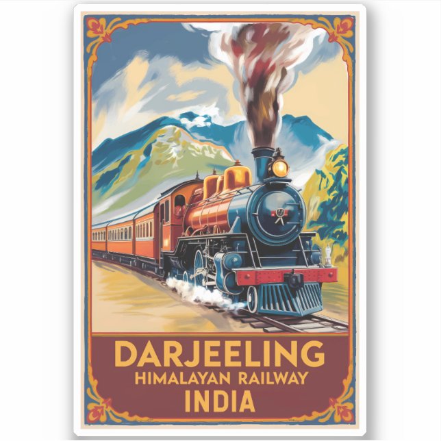 Pegatina Darjeeling India Train Painterly Travel Art Retro (Anverso)