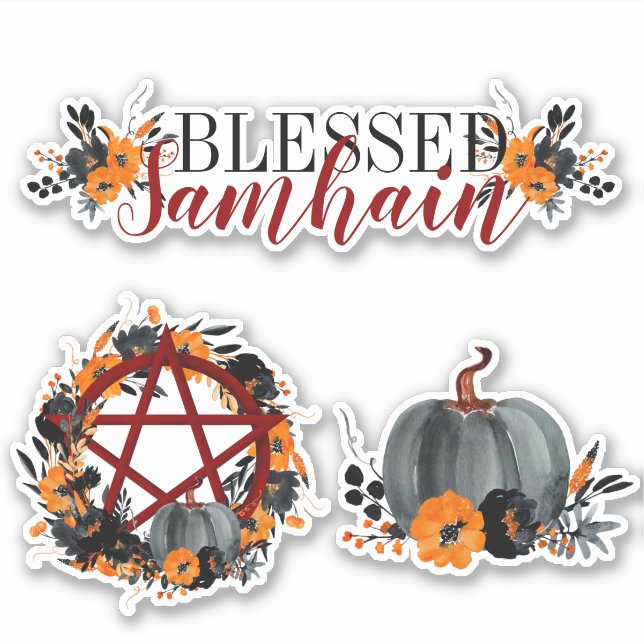 Pegatina Dark Floral Bendición Samhain Pentacle & Pumpkins (Anverso)