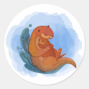 Pegatina de acuarela Mama y Baby Otter