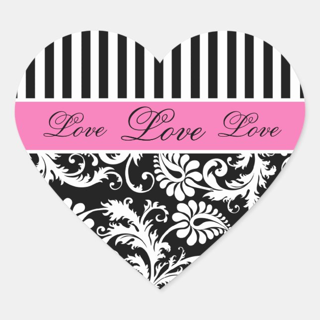Pegatina de amor negro, blanco, de PInk Damask (Anverso)