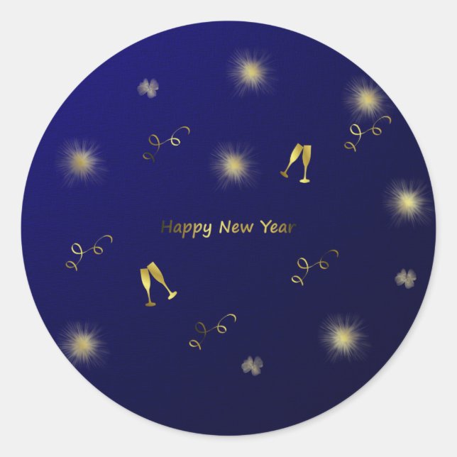 pegatina de año nuevo feliz de azul y oro (Anverso)
