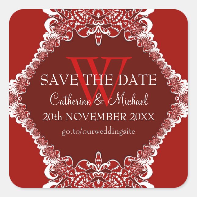 Pegatina de anuncio de Boda tribal monograma rojo (Anverso)