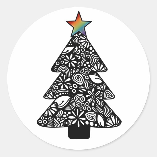 Pegatina de árbol de Navidad blanco y negro (Anverso)