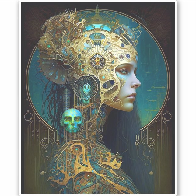 Pegatina de arte de ciencia ficción Cyborg Woman F (Anverso)