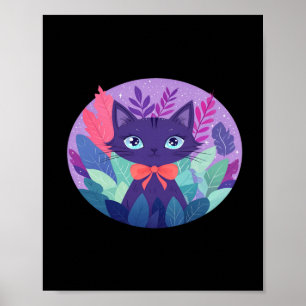 Pegatina de arte digital kawaii de gato violeta pú