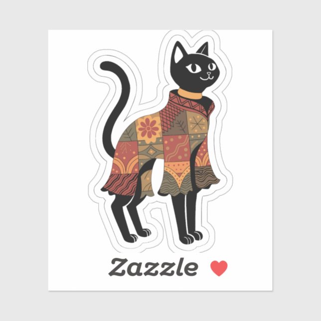 Pegatina de arte popular de gato con patchwork boh (Hoja)