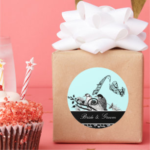 Pegatina de Aves Vintage Azules de Bride & Groom A