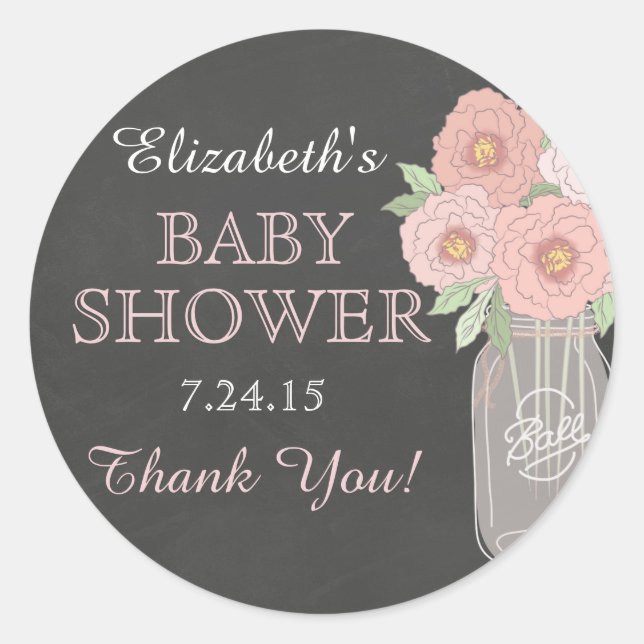Pegatina de Baby Shower Chalkboard Floral Mason Ja (Anverso)