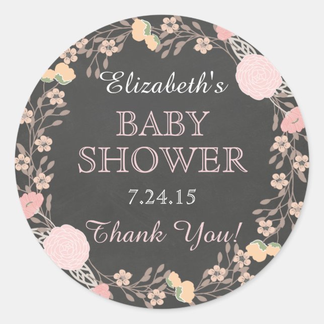 Pegatina de Baby Shower Chalkboard Floral Wreath (Anverso)
