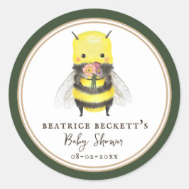 Pegatina de Baby Shower Cute Green Bee and Wildflo