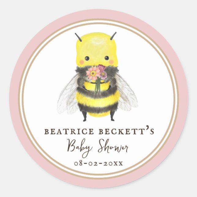 Pegatina de Baby Shower Cute Pink Bee and Wildflow (Anverso)
