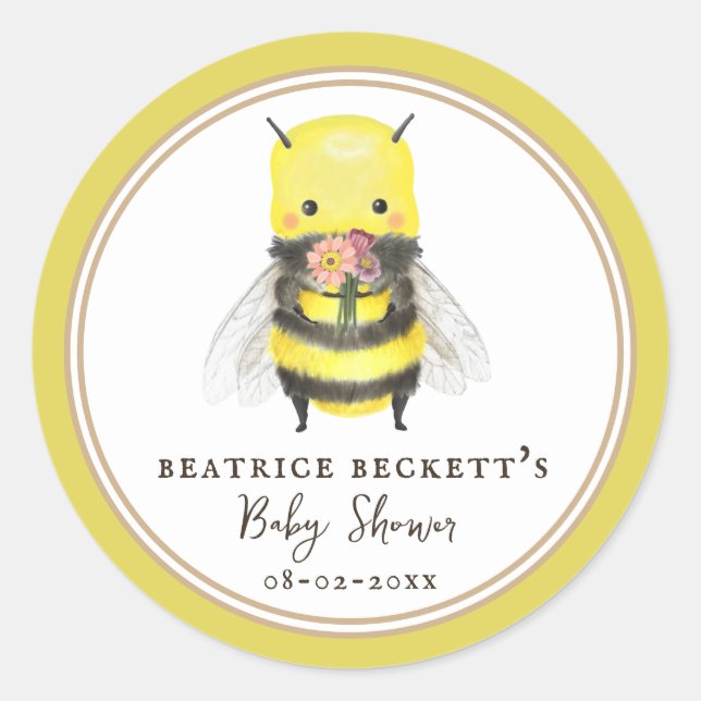 Pegatina de Baby Shower Cute Yellow Bee and Wildfl (Anverso)
