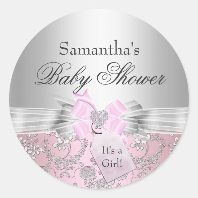 Pegatina de Baby Shower de bonito Bow y Floral (Anverso)