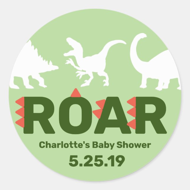 Pegatina de Baby Shower de Dinosaur ROAR moderno (Anverso)