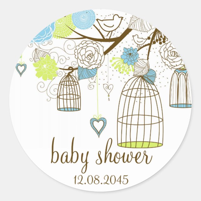 Pegatina de Baby Shower de las aves florales azule (Anverso)