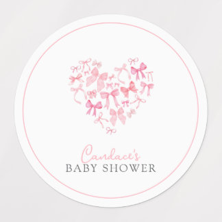 Pegatina de Baby Shower de Round Pink Heart Bow