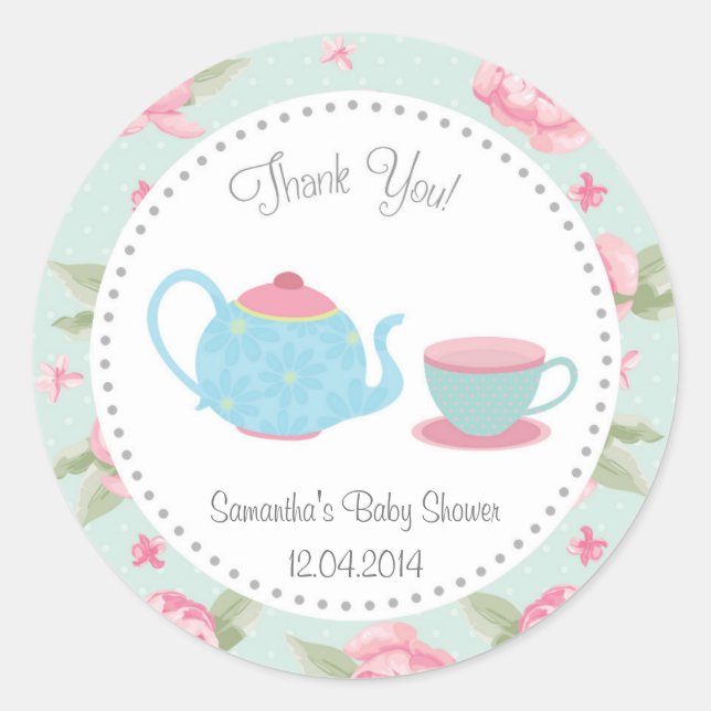 Pegatina de Baby Shower de Shabby Chic Tea Fiesta (Anverso)