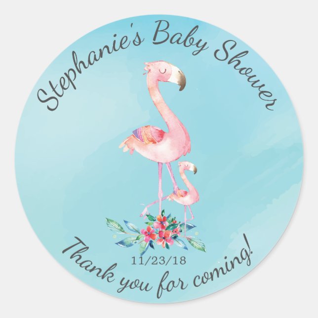 Pegatina de Baby Shower Favor de Mamá Flamingo Ros (Anverso)