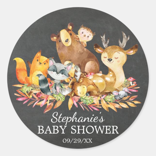 Pegatina de Baby Shower Favor de Woodland Chalkboa (Anverso)