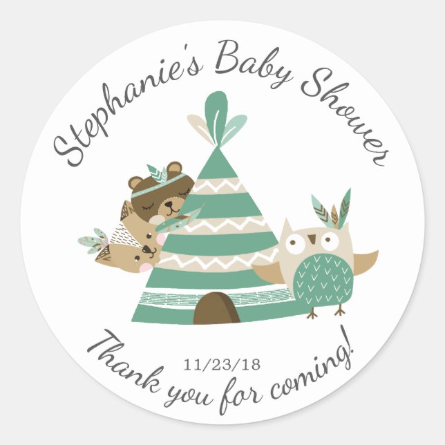 Pegatina de Baby Shower neutral de bosque tribal (Anverso)