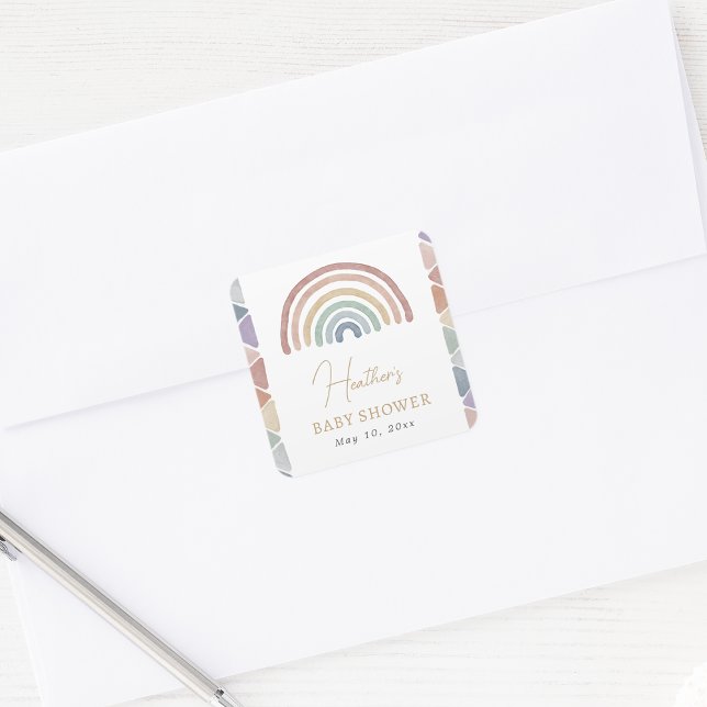 Pegatina de Baby Shower Pastel Rainbow (Pastel Rainbow Baby Shower Square Sticker by Painted Paperie
)