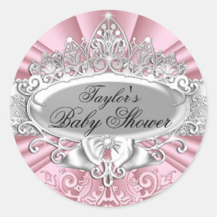 Pegatina de Baby Shower Pink Tiara & Damask