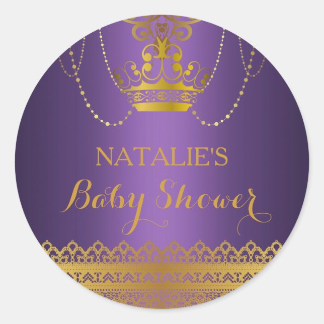 Pegatina de Baby Shower Purple & Gold Crown (Anverso)