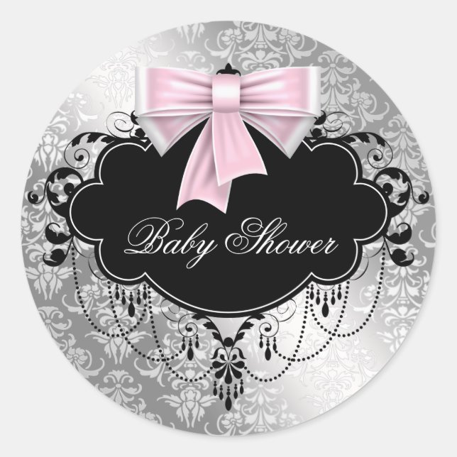 Pegatina de Baby Shower rosa negro negro Damask ro (Anverso)