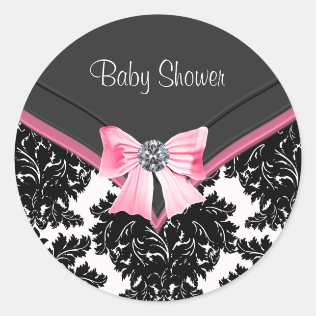 Pegatina de Baby Shower rosa negro negro Damask ro (Anverso)
