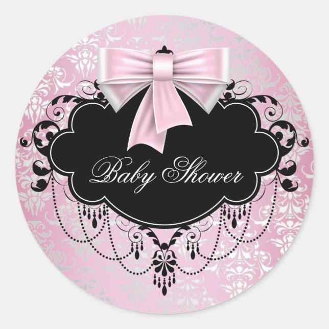 Pegatina de Baby Shower rosa negro negro Damask ro (Anverso)
