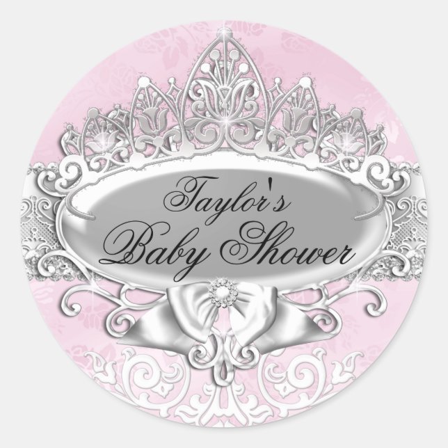Pegatina de Baby Shower rosa Tiara y Damask (Anverso)