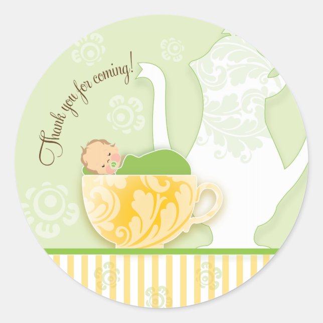 Pegatina de Baby Shower Tea Party a favor | Neutra (Anverso)